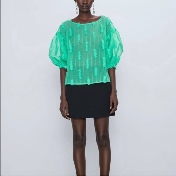 NWT Zara Sheer Puff Sleeve Spearmint Green Fringe Textured Blouse - Picture 5 of 12